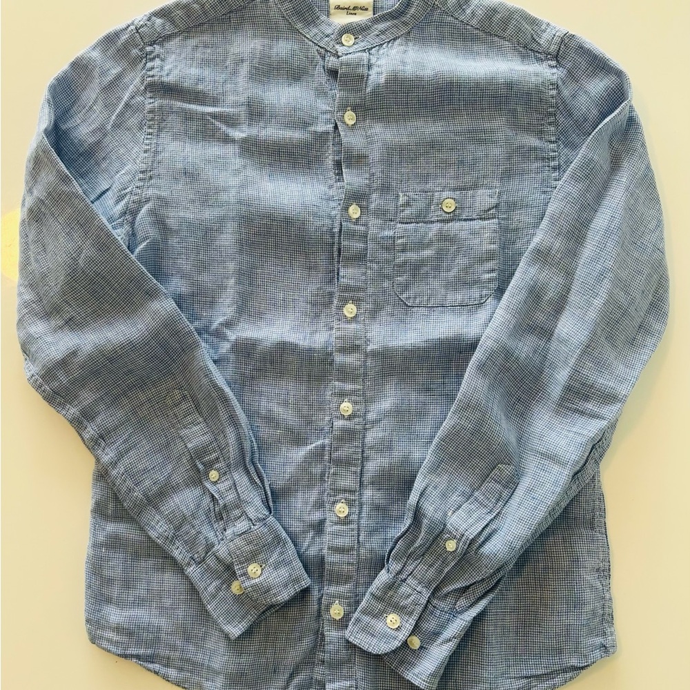 Baird McNutt Slim Linen Band Collar Button-Down